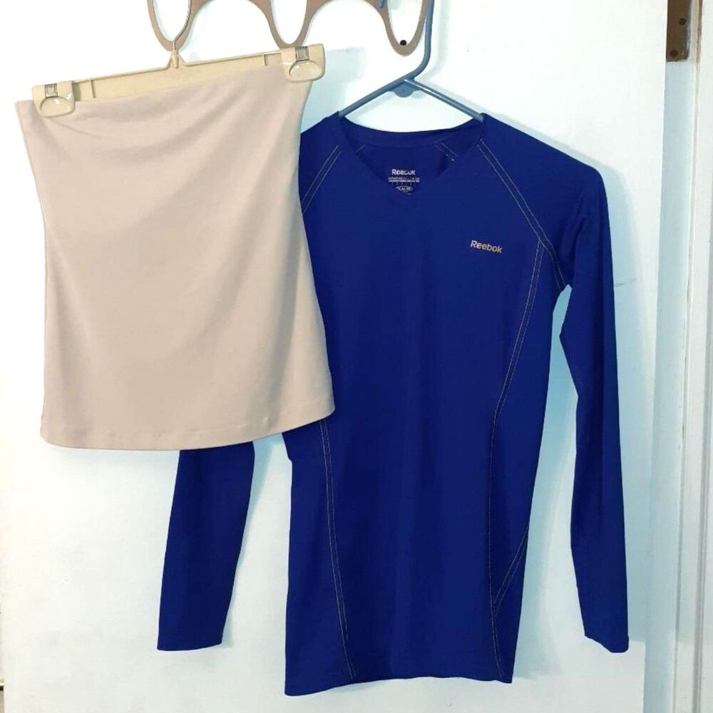 gap beige top xs tan strapless tube top cami & blue Reebok long sleeve athletic